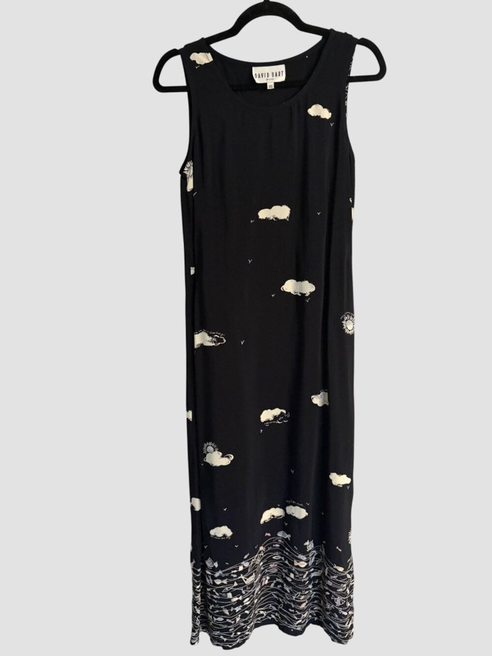 David Dart Sleeveless Maxi Sun Dress XS Whimsical Cloud Butter Mom Black 90s VTG
